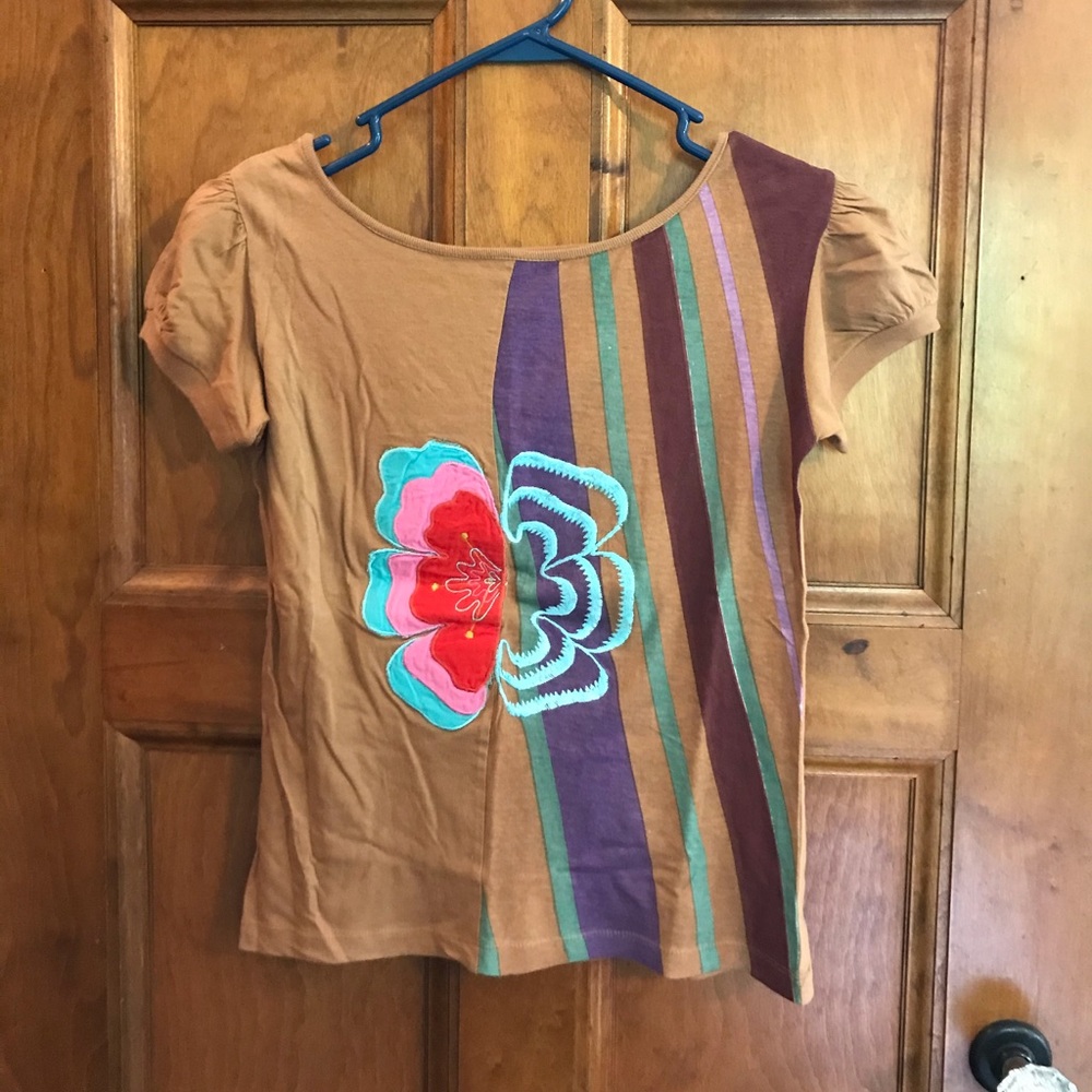 Brown Embroidered Flower Shirt